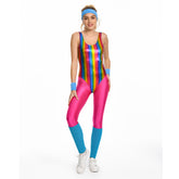 6Pcs/Set Retro 80s 90s Colorful Pink Glossy Fitness Legging Cosplay Costume For Adult Women Cosplay Costume Outfits Halloween Carnival Suit